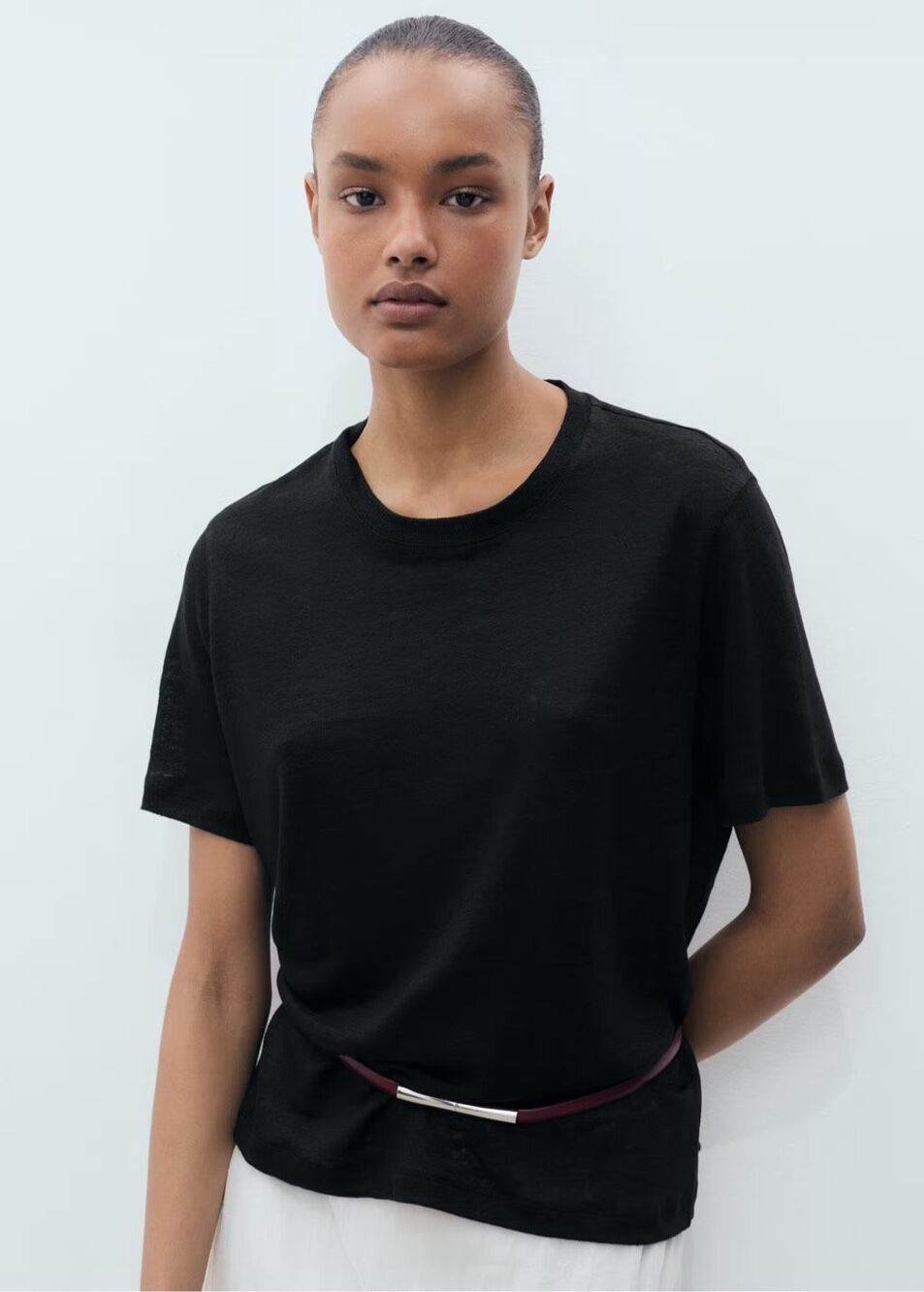 Mango MNG Women's Crew Neck Linen Short Sleeve Lightweight black T-Shirt S NEW